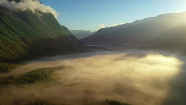 Morgennebel über dem Tal zwischen den Bergen im Sonnenlicht. Nebel und die schöne Natur Norwegens aus der Luft. — Stockvideo