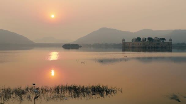 Джал-Махал - дворец посреди озера Ман-Сагар в городе Джайпур, столице штата Раджастан, Индия. . — стоковое видео