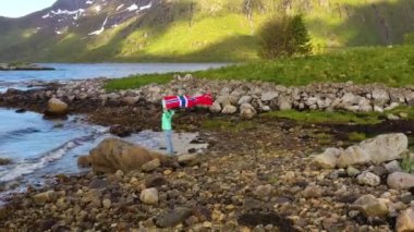 Doğanın arka planında Norveç bayrağı sallayan bir kadın.