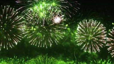 Gece gökyüzünde renkli havai fişekler patlıyor. Kutlamalar ve olaylar parlak renklerle.