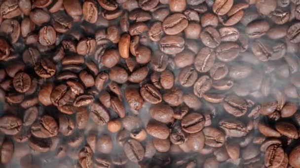 Закрыть Семена Кофе Ароматные Кофейные Зерна Жареный Дым Приходит Кофейных — стоковое видео