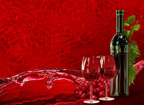 Бутылки, бокалы, виноград и динамические всплески вина — стоковое фото