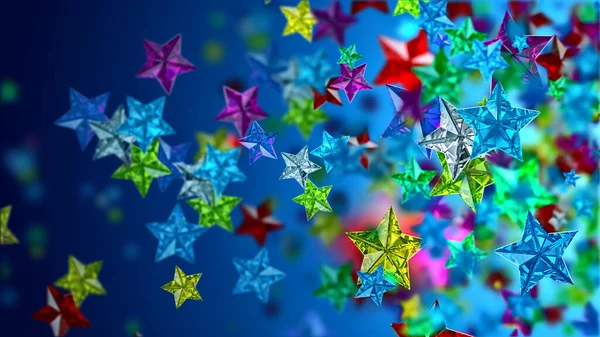 在任何庆祝活动或节日的背景中 蓝色背景上闪烁着五彩缤纷的彩色玻璃星星 看起来就像奢侈品 红宝石 蓝宝石和其他宝石 — 图库照片