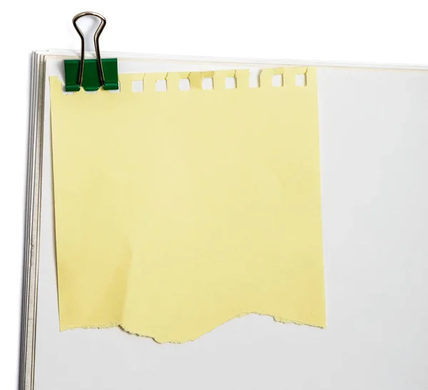 Adesivo Lembrete Amarelo Nota Com Clipe Papel Escritório Branco — Fotografia de Stock