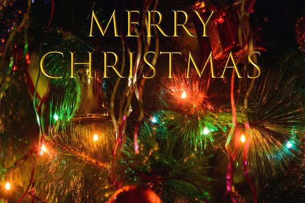 Merry Christmas Lights Pine Tree Postcard — Stock Photo, Image