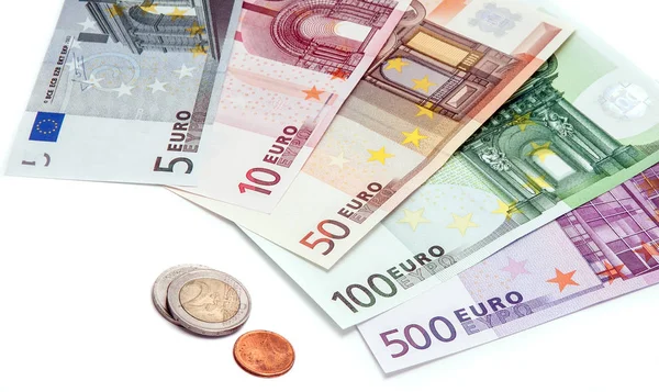 欧元货币、硬币和纸币 — 图库照片