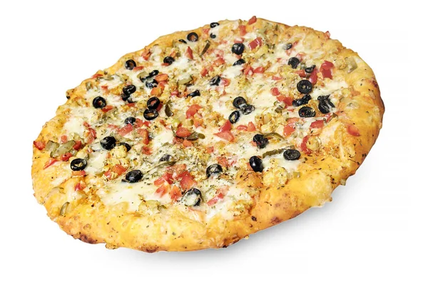 Jast baked pizza with olives, tomato, pepper, mozzarella and mus — Stock Photo, Image