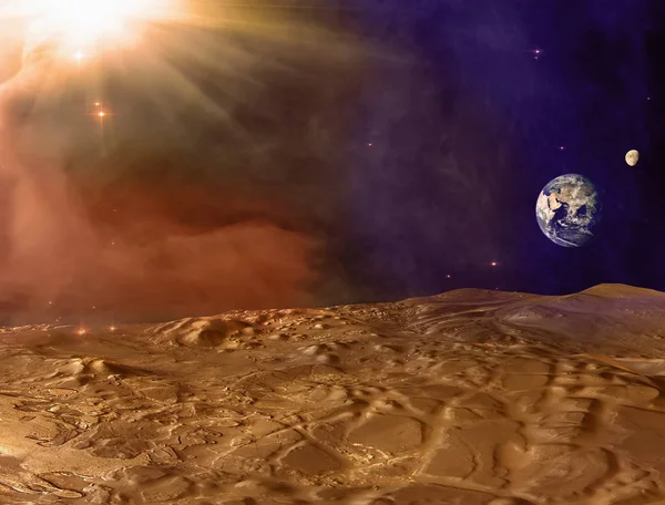 Planeta Marte paisaje. Tormenta de polvo en Marte. La Tierra y la Luna en Hor — Foto de Stock