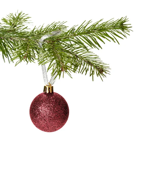 Red bauble with ribbon on christmas tree — Stock Photo, Image