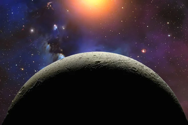 Rocky moon in outer space with star field and nebula — Stock Photo, Image