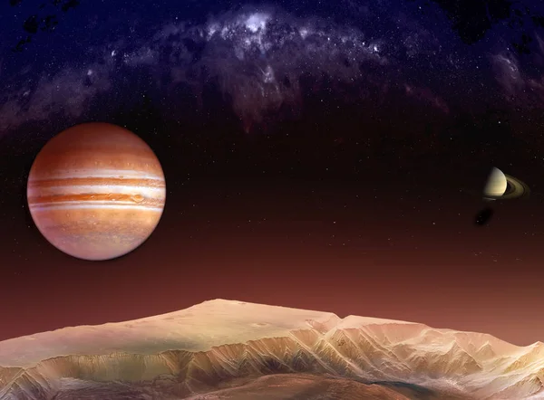Lansekap di pegunungan Mars dengan pemandangan Jupiter dan Sa — Stok Foto