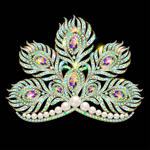 Illustration Couronne Tiare Femelle Plumes Paon Avec Pierres Précieuses Perles — Image vectorielle