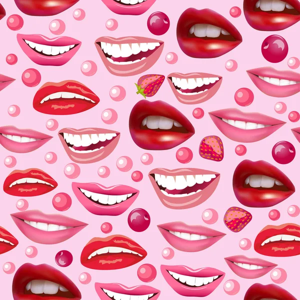 股票插画无缝背景与笑女性嘴唇草莓和樱桃 — 图库矢量图片