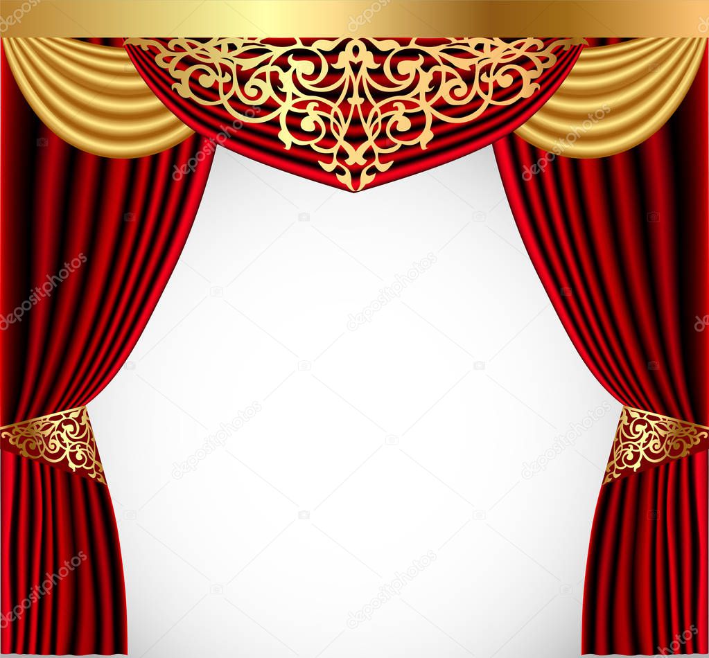 illustration of a red curtain with a gold lambrequin and a picturesque screen