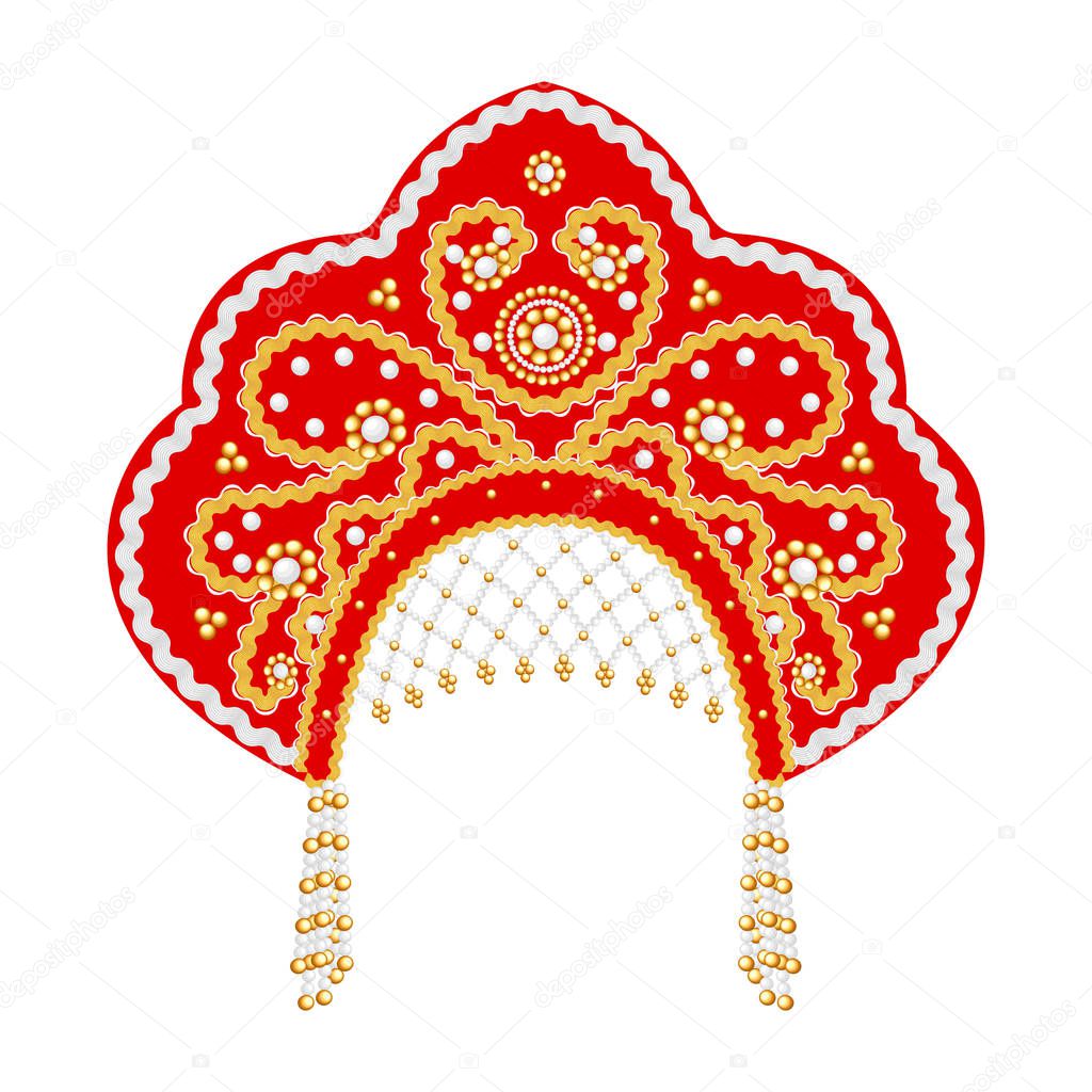 Stock Illustration Russian national headdress kokoshnik with gold ornament and beads