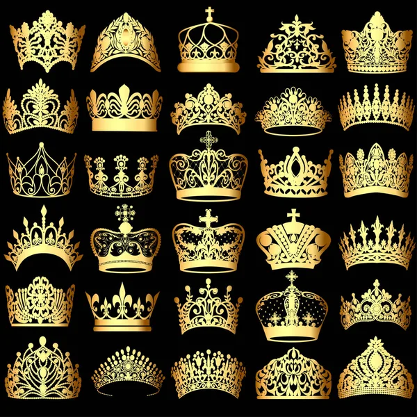 Illustration Set Gold Crowns Black Background — Stock Vector