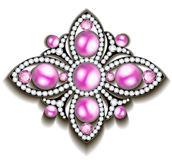 Illustrazione Spilla Argento Con Perle Rosa — Vettoriale Stock