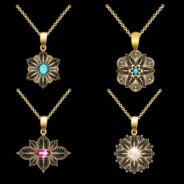 Illustration of a set of gold pendants with filigree and precious stones