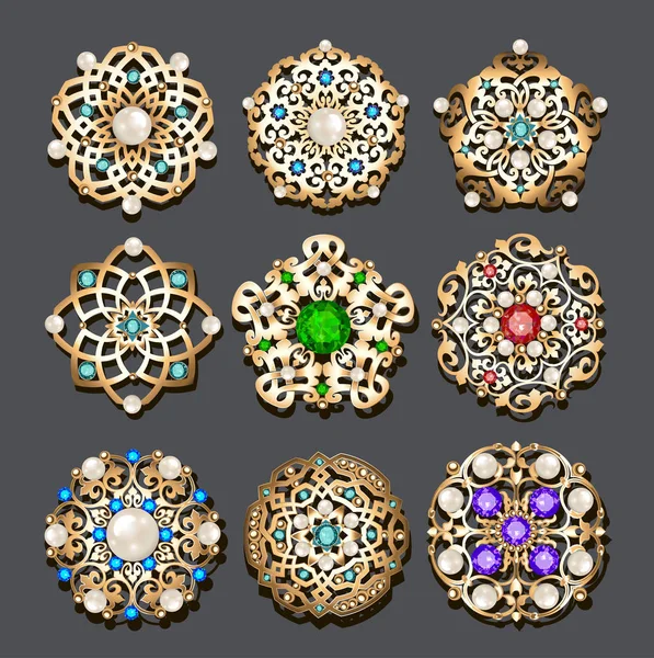 Illustration Ensemble Bijoux Broche Avec Pierres Précieuses Perles — Image vectorielle