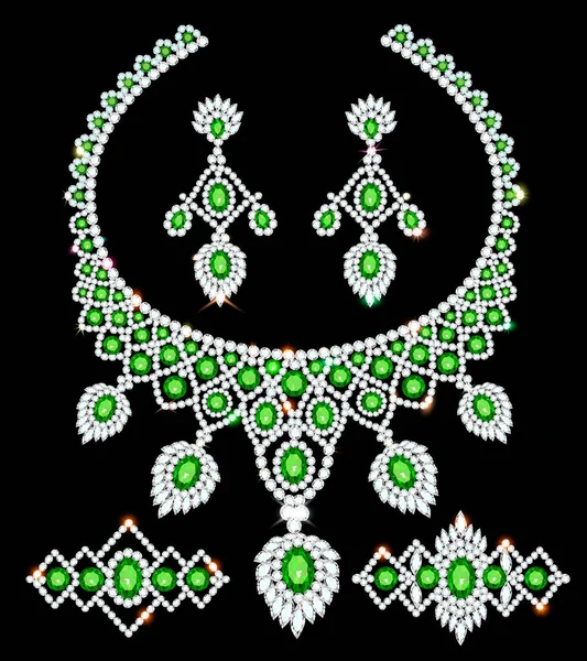Illustration Jewelry Set Necklace Earrings Bracelets Emeralds Diamonds — Stock Vector