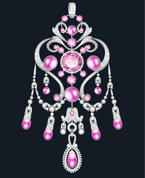 Ilustración Colgante Broche Joyería Con Perlas Rosadas Piedras Preciosas — Archivo Imágenes Vectoriales