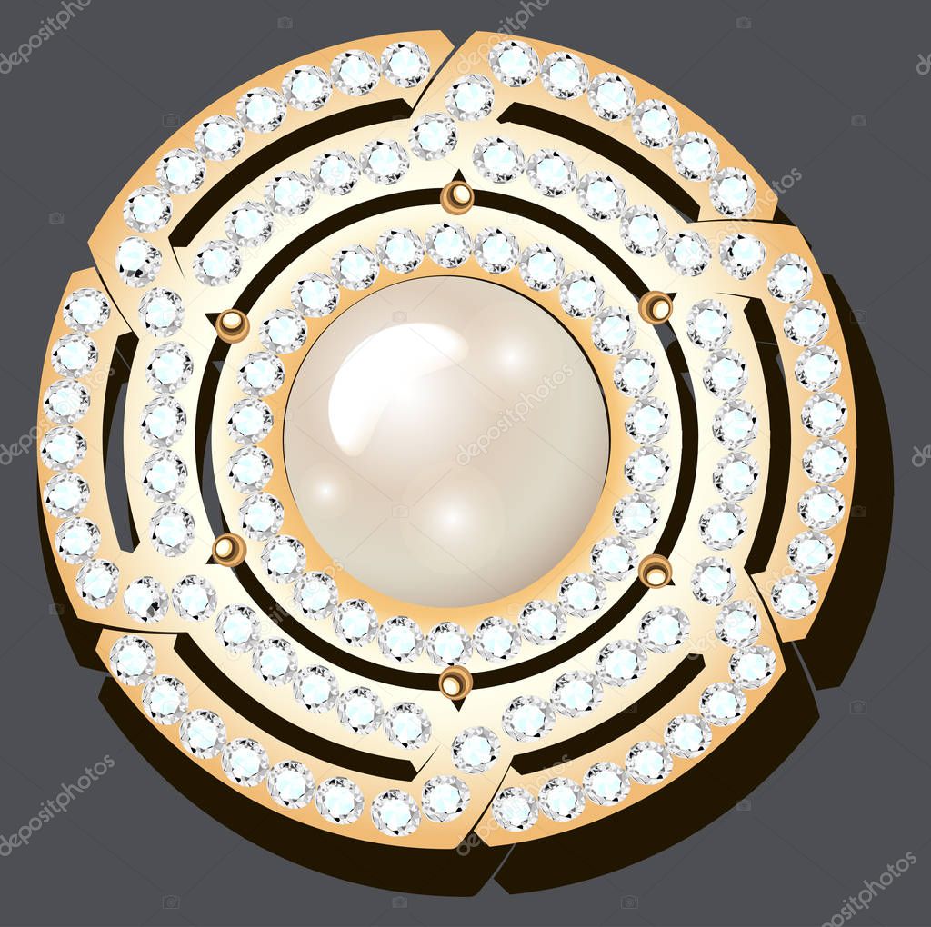 Illustration jewelry gold brooch with precious stones and pearls