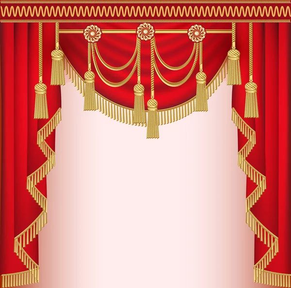 Illustration background with red velvet curtain with tassels — Stock Vector