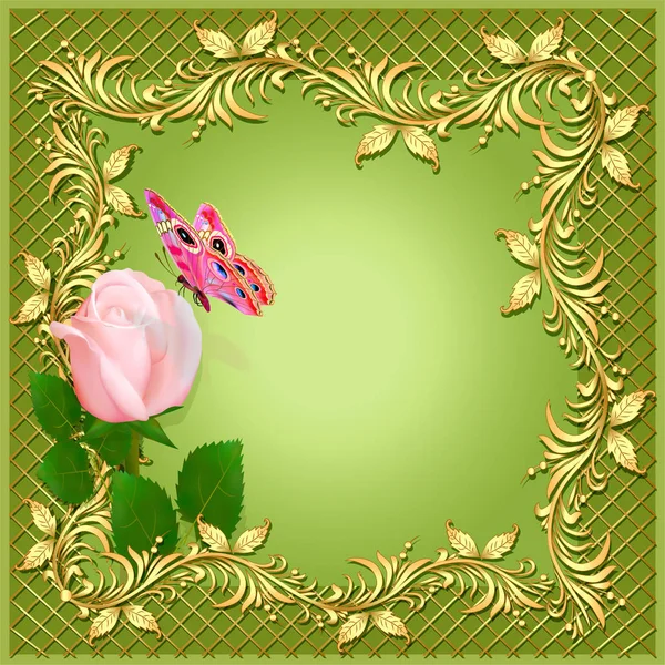 Ilustración de fondo verde con rosa, mariposa y orname — Vector de stock