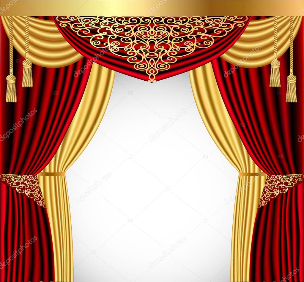 illustration of a red curtain with a gold lambrequin and a pictu