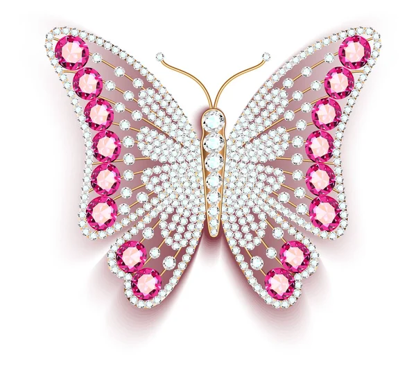 Joyería mariposa de oro en gemas. Hermosa decoración. — Vector de stock