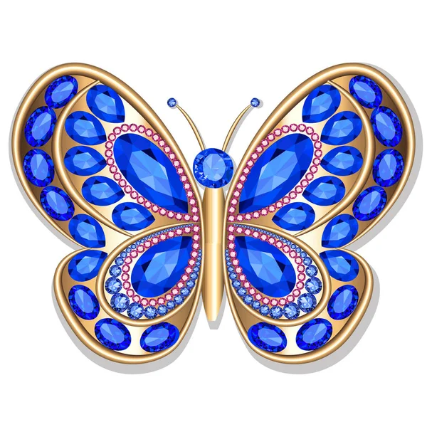 Jewelry gold butterfly in gems. Beautiful decoration. — Stock Vector