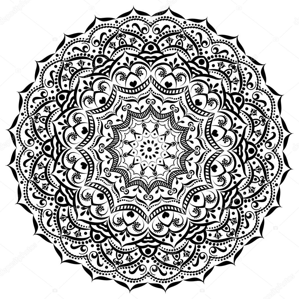 Illustration ornament circular mandala black white. Ornamental b