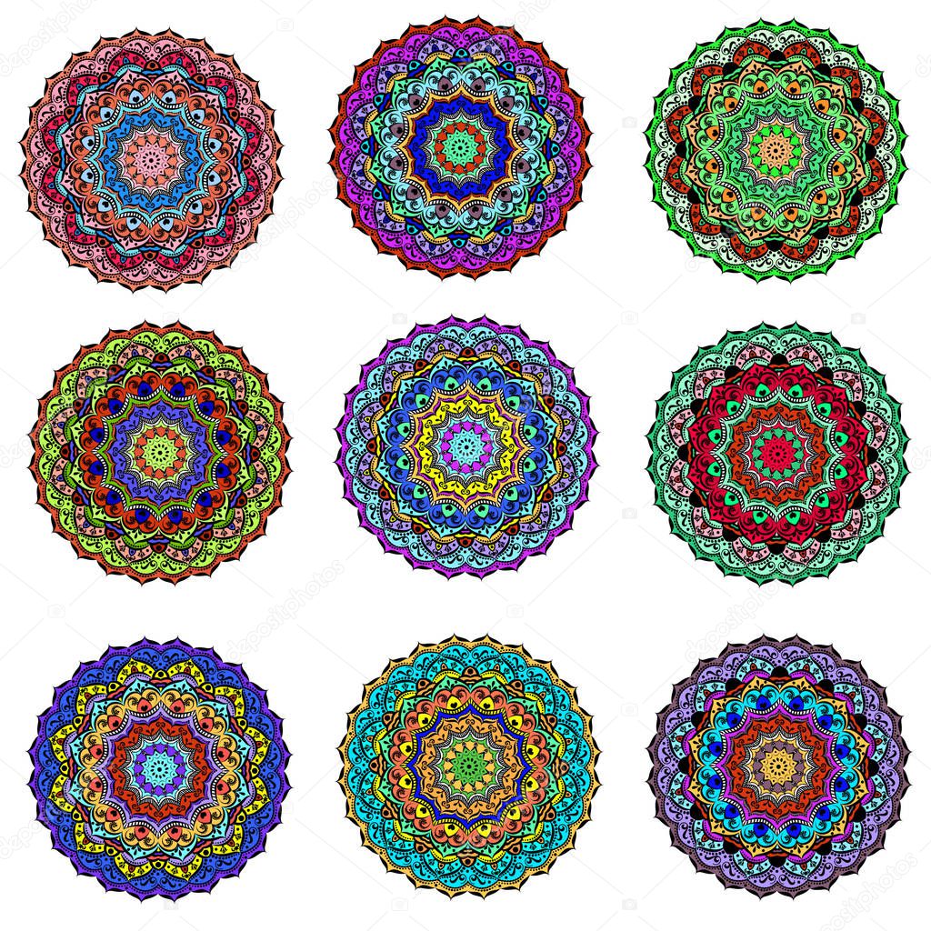 Illustration set ornament circular mandala colored. Ornamental b