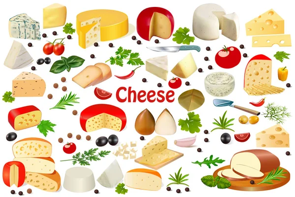 Juego de ilustración de diferentes tipos de queso sobre un fondo blanco — Archivo Imágenes Vectoriales