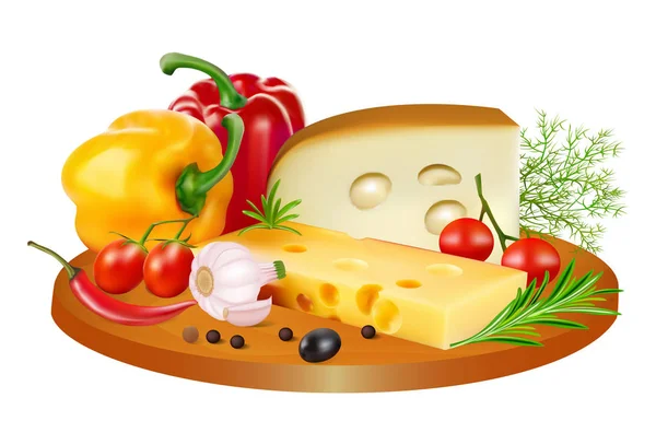 Ilustración naturaleza muerta de queso, tomates, pimientos y sp — Archivo Imágenes Vectoriales