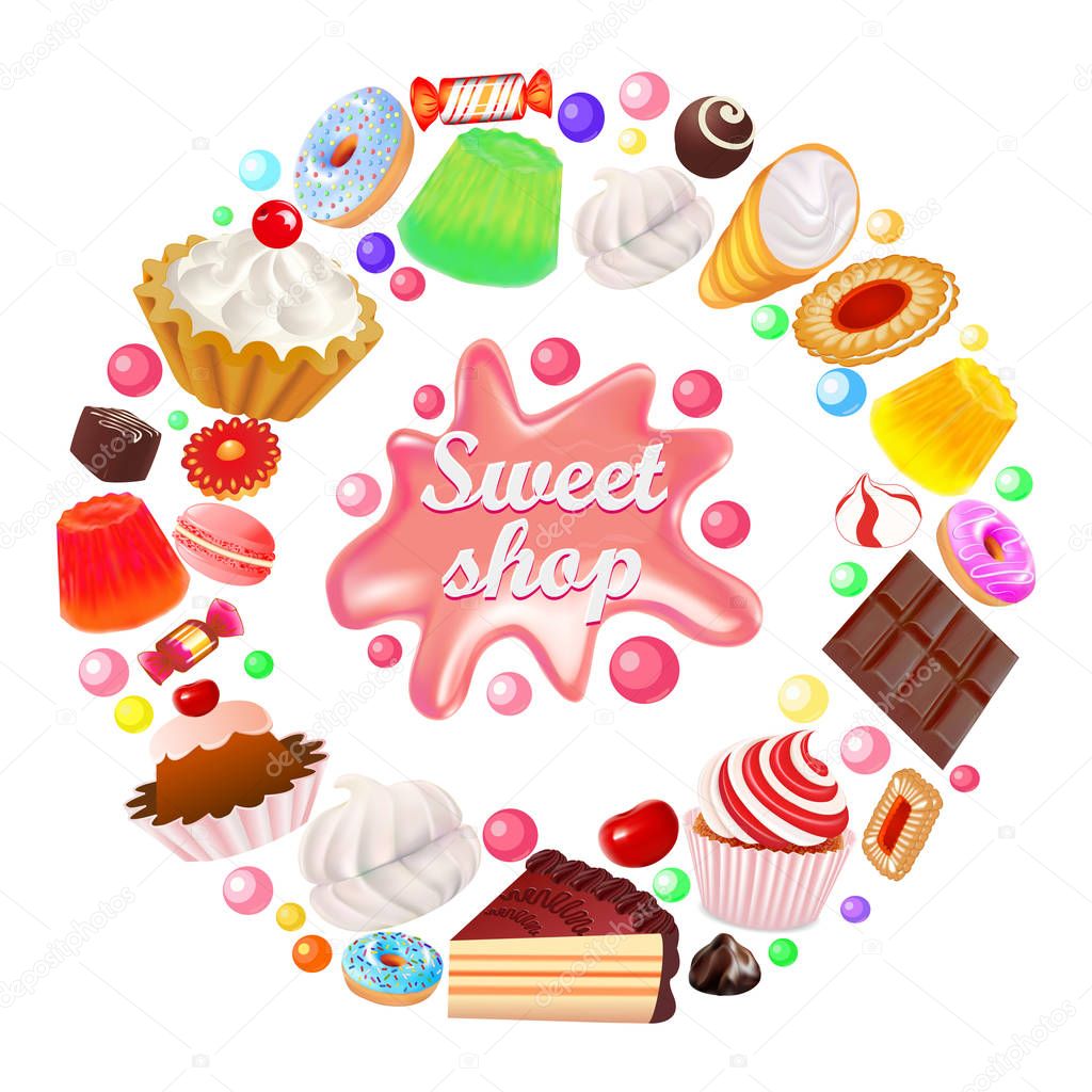 Illustration background sweets shop in a circle vector cakes swe