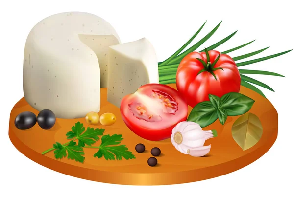 Illustration de fromage Mozzarella aux tomates, ail et oignon — Image vectorielle