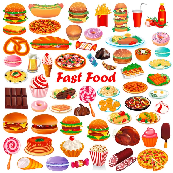 Ilustracja z zestawu fast food i ketchupem pitsey — Wektor stockowy