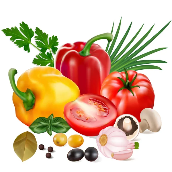 Illustration de poivrons doux aux tomates, ail, olives, mus — Image vectorielle