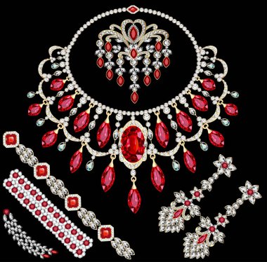 Değerli taşlar ile takı kolye küpe ve broş İllüstrasyon seti