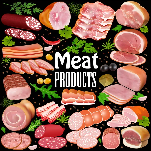 Illustration uppsättning av köttprodukter med kryddor och aromatiska örter — Stock vektor