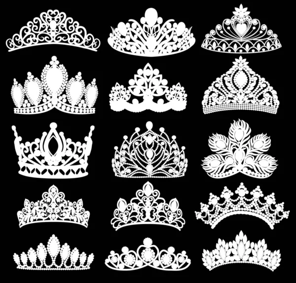 Ábrán sor sziluettek ősi koronát, tiaras, tiara — Stock Vector