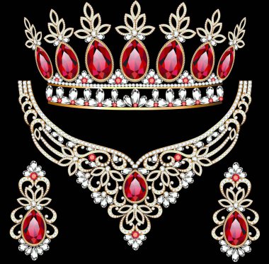 Mücevher seti İllüstrasyon. Diadem, kolye ve küpe ile 
