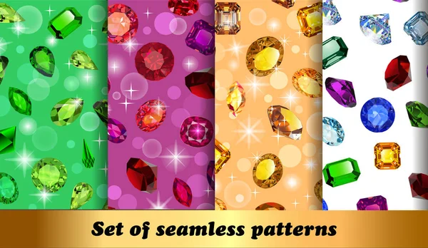 Illustration set of seamless patterns with jewelry gems — Stock Vector