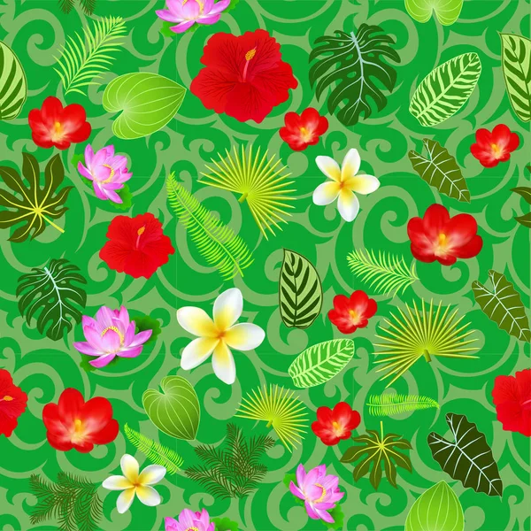 Иллюстрация тропических цветов и листьев бесшовной картины — стоковый вектор