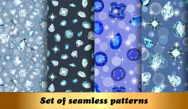 Illustration set of seamless patterns with jewelry gems — Stock Vector