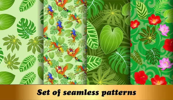 Conjunto de ilustrações de padrões sem costura flora e fauna tropicais — Vetor de Stock