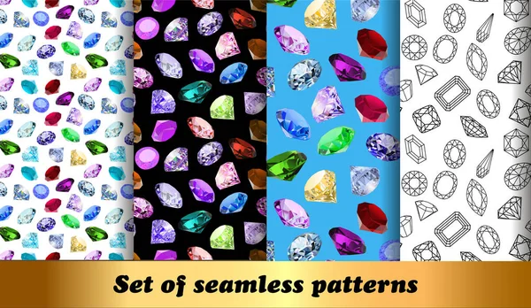 Illustration set of seamless patterns with jewelry gems — Stock Vector