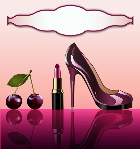 Illusztráció Fényes Elbűvölő Cipő Cseresznye Rúzs Tükörképe — Stock Vector