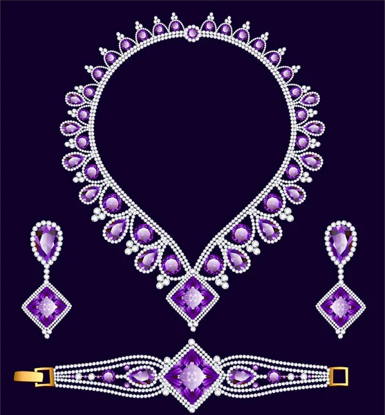 Illustration Bijoux Sertis Boucles Oreilles Bracelet Collier Avec Pierres Précieuses — Image vectorielle